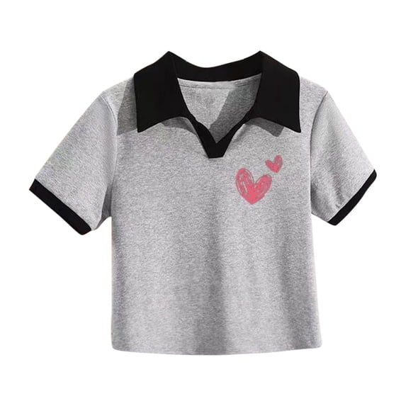 fatyb Girls Short Sleeve T Shirts with Collar Boys Heart Print Cotton Tops Kids Casual Summer Tee Shirts