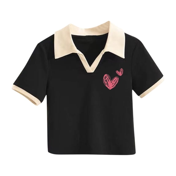 fatyb Girls Short Sleeve T Shirts with Collar Boys Heart Print Cotton Tops Kids Casual Summer Tee Shirts