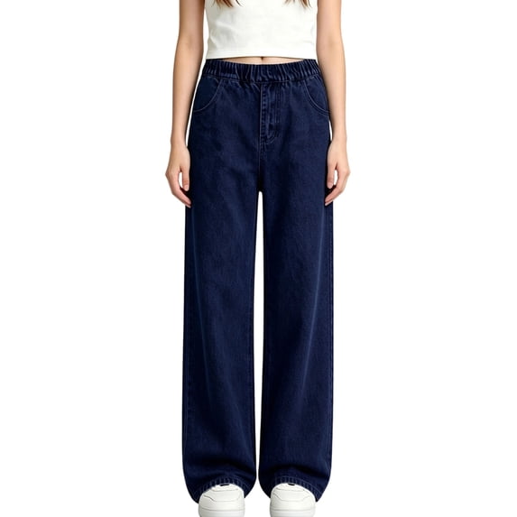fatyb Girls Straight Leg Denim Pants Casual High Elastic Waist Jeans with Pockets Kids Trendy Long Pants
