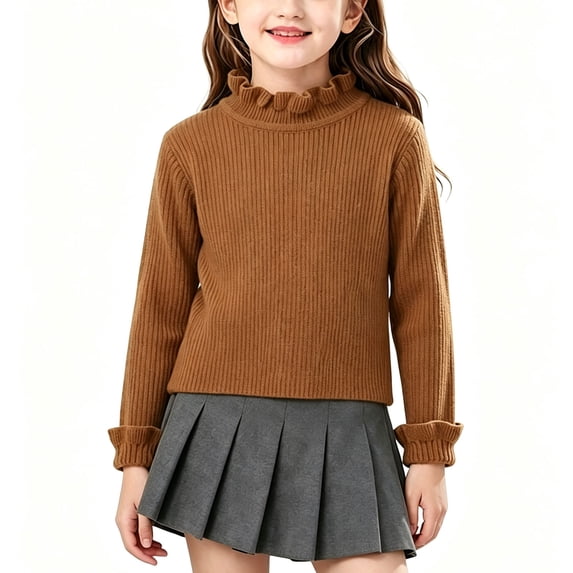 fatyb Girls Sweater Ruffle Mock Neck Pullover Tops Long Sleeve Casual Knitted Sweaters for Fall Winter