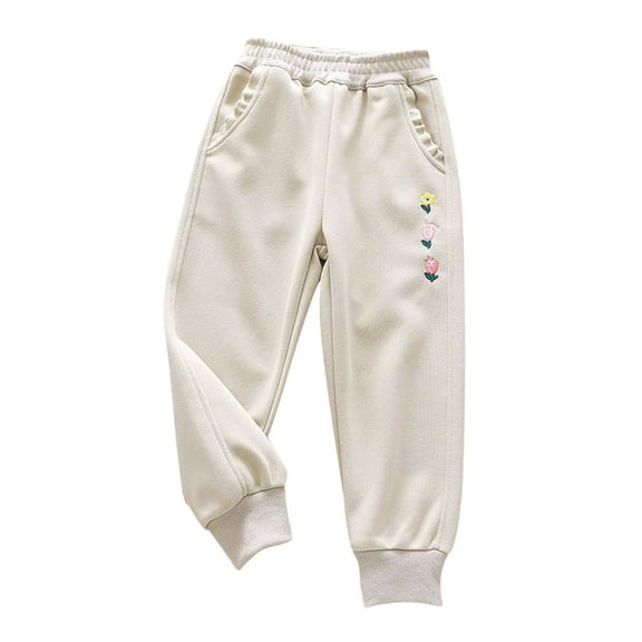fatyb Girls Sweatpants Cotton Floral Embroidery Jogger Pants Elastic Waist Toddler Kids Casual Pants