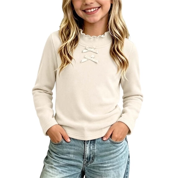 fatyb Girls Thermal Tops Ruffle Mock Neck Long Sleeve Shirts Stretch Knit Undershirts Soft Base Layer Tee
