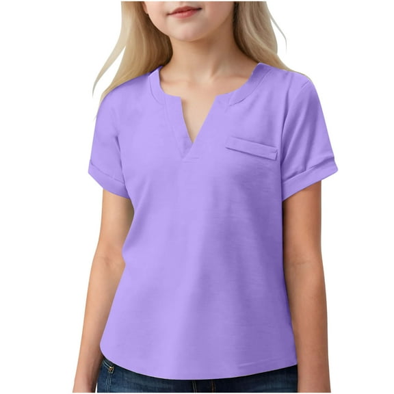 fatyb Girls V Neck Short Sleeve Shirts Casual Solid Color Blouses Summer Comfortable Clothes for Kids