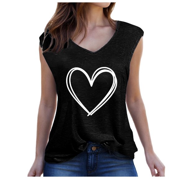 fatyb Heart Tank Tops for Women V Neck Sleeveless Print Tshirts Graphic Casual Womens Summer Blouses
