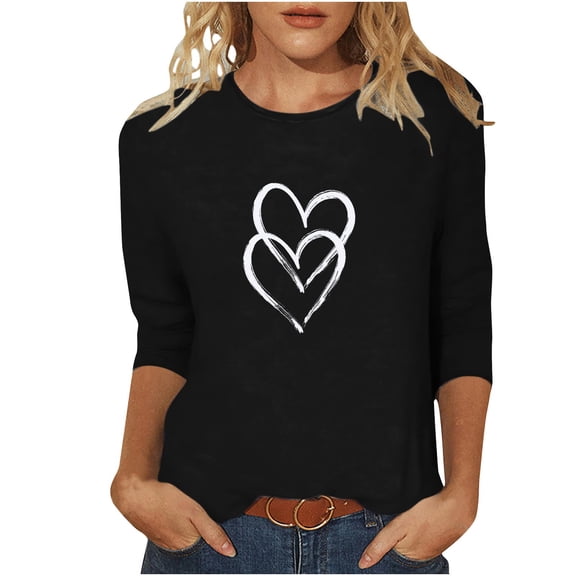 fatyb Heart Tops for Women 3/4 Sleeve Crewneck Casual T Shirts Print Pullover Womens Tee Blouses