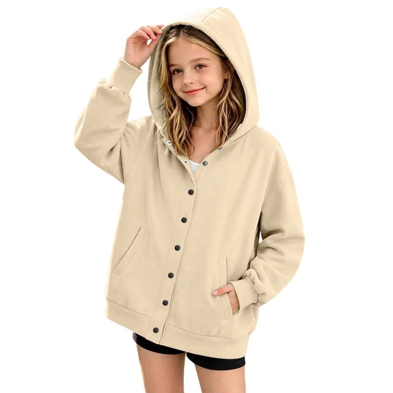 fatyb Hoodies for Boys Girls Long Sleeve Button down Sweatshirt Kids Plain Hooded Jacket with Pockets