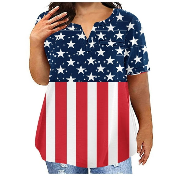 fatyb Independence Day Tops for Women V Neck Short Sleeve T-Shirts Women's 4th of July Plus Size Shirts