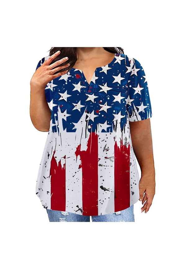 Independence Day Tops for Women V Neck Short Sleeve T-Shirts Women's 4th of July Plus Size Shirts