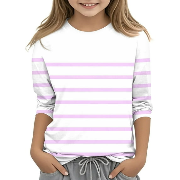 fatyb Kids 3/4 Sleeve Striped Shirts Girls Round Neck Basic Tee Tops Boys Casual Plain Blouses Size 3-12Y
