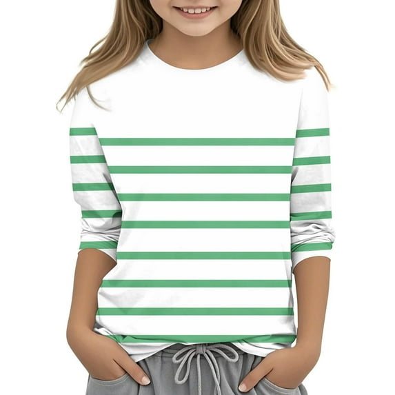 fatyb Kids 3/4 Sleeve Striped Shirts Girls Round Neck Basic Tee Tops Boys Casual Plain Blouses Size 3-12Y