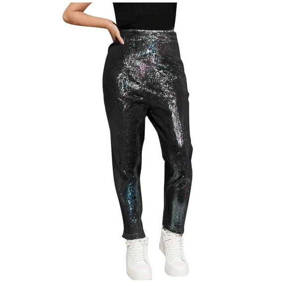 fatyb Kids Boys Girls Sequin Leggings High Waist Sparkly Pants Glitter Trousers for Dance Party Club