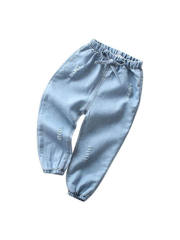 Kids Pull on Jeans Toddler Baby Girl Boy Elastic High Waist Denim Pants with Pockets Fashion Clothes