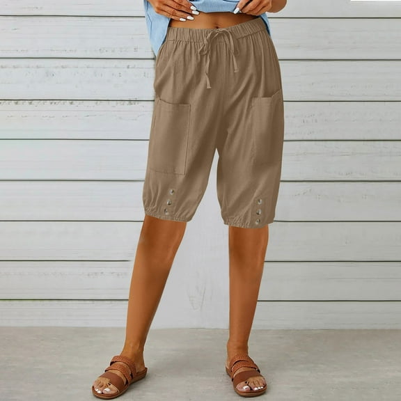 fatyb Knee Length Shorts for Women Elastic Waist Casual Shorts Loose Summer Short Pants with Drawstring