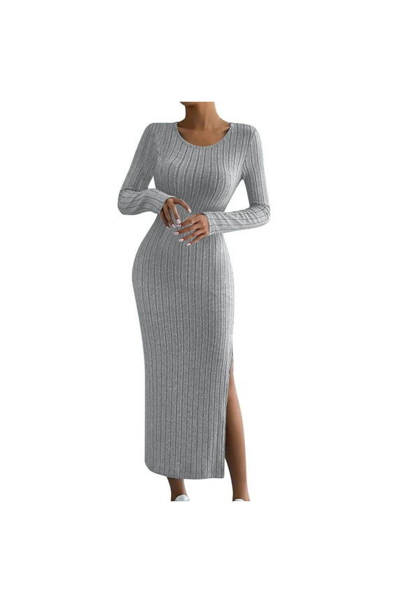 Knit Dresses for Women Split Long Sleeve Bodycon Dresses S-5xl Womens Casual Sweater Maxi Dresses