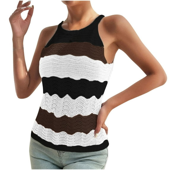 fatyb Knit Tank Tops for Women Color Block Sleeveless Crochet Shirts Summer Casual Hollow out Womens Tops