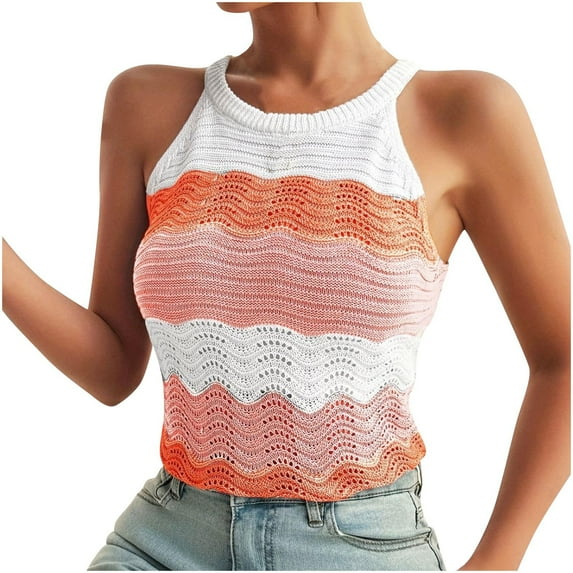 fatyb Knit Tank Tops for Women Color Block Sleeveless Crochet Shirts Summer Casual Hollow out Womens Tops