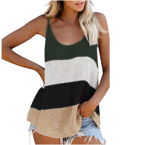 fatyb Knit Tank Tops for Women Spaghetti Strap Color Block Cami Tops Lightweight Beach Vacation Shirts