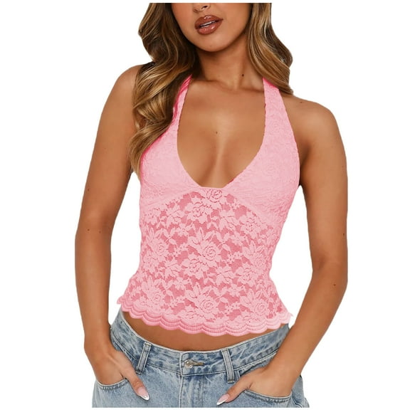 fatyb Lace Tank Tops for Women Going out V Neck Crop Tops Slim Casual Sleeveless Womens Summer Shirts
