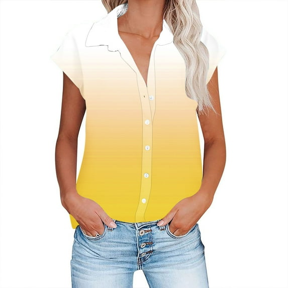 fatyb Linen Shirts for Women Collared V Neck Cap Sleeve Button down Shirt Casual Plain Tops Summer Clothes