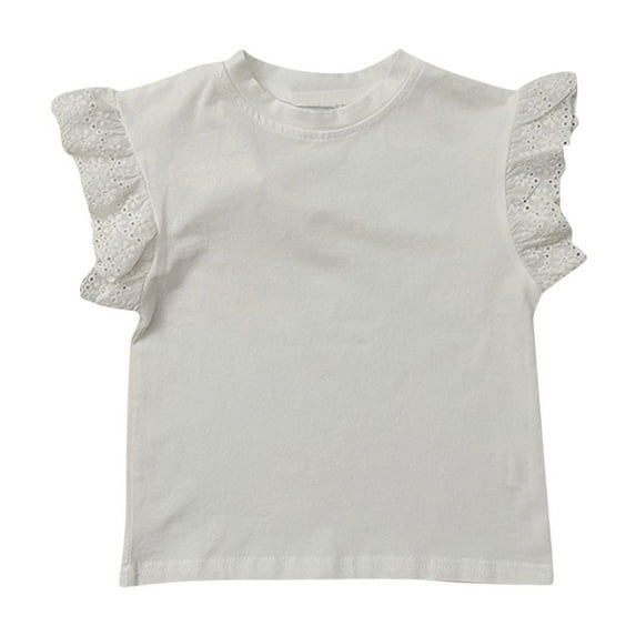 fatyb Little Girls Summer Tops Lace Ruffle Sleeve Cotton T-Shirt Solid Color Kids Girls Casual Tee Tops