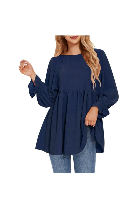 Long Sleeve Shirts for Women Casual Flowy Tunic Tops Loose Round Neck Dressy Blouses Fall Clothes