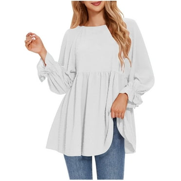 fatyb Long Sleeve Shirts for Women Casual Flowy Tunic Tops Loose Round Neck Dressy Blouses Fall Clothes