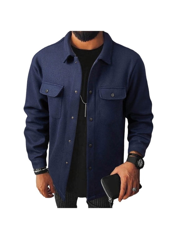 Men's Button down Jacket Long Sleeve Casual Shacket Mens Open Front Collar Coat with Pockets