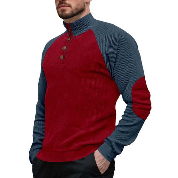 fatyb Men's Corduroy Tops Stand Collar with 1/4 Button Casual Pullover Long Sleeve T-Shirts for Men