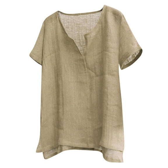 fatyb Men's Cotton Linen Tops Big and Tall Casual V Neck T Shirts Short Sleeve Lightweight Beach Blouses