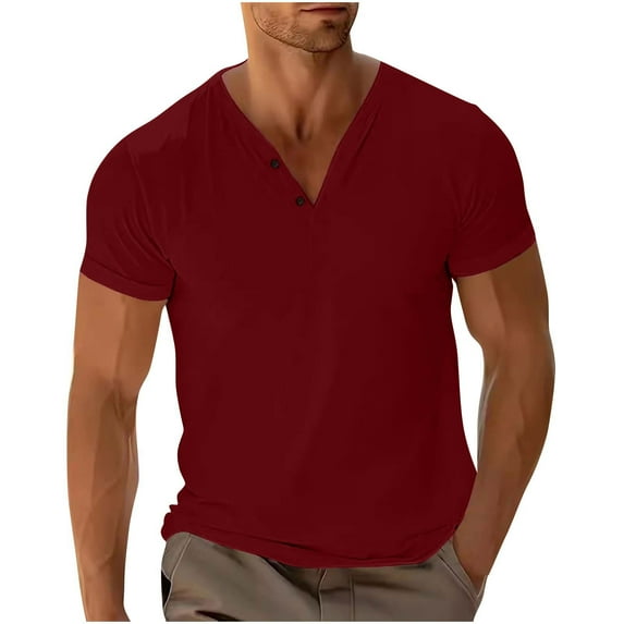 fatyb Men's Cotton T-Shirts Button V Neck Casual Shirts Pullover Short Sleeve Basic Tees Top for Men