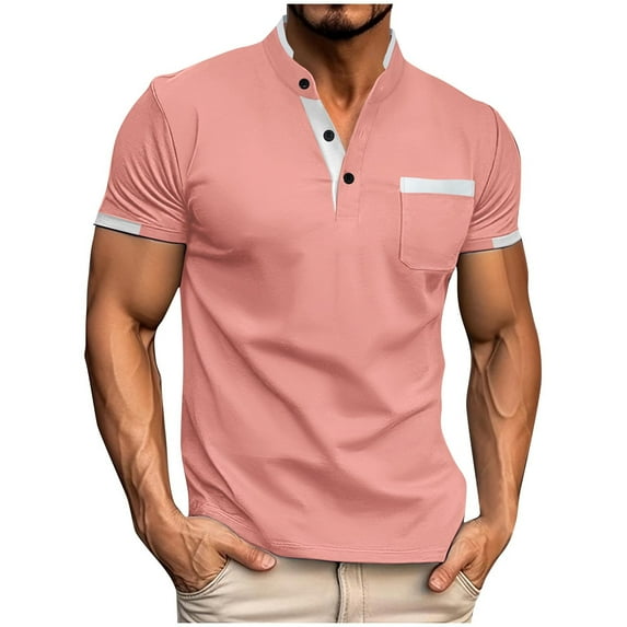 fatyb Men's Golf Shirts Summer Stand Collar Casual Short Sleeve T-Shirts Color Block Button Pullover