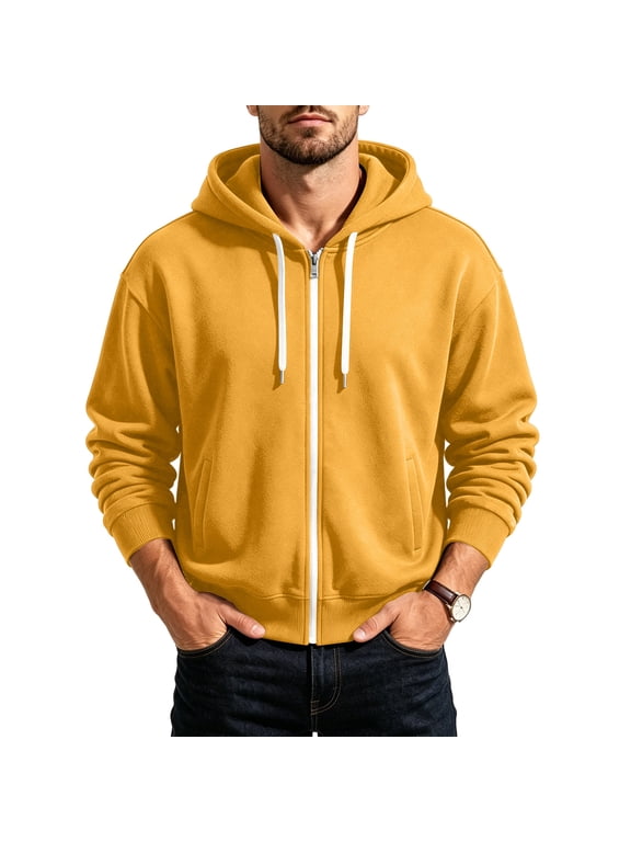 Men's Hoodies Zip up Long Sleeve Sweatshirts Solid Color Drawstring Hooded Jacket with Pockets