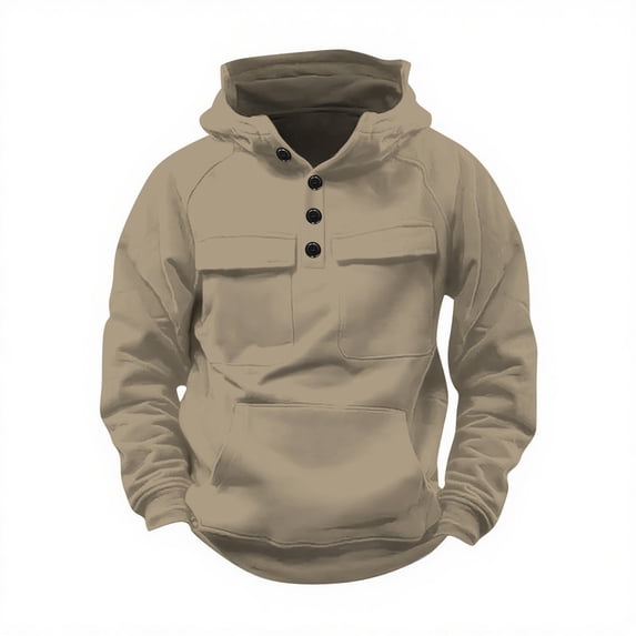 fatyb Men's Hoodies with Pockets Button Cargo Hooded Sweatshirts Long Sleeve Casual Pullover for Men