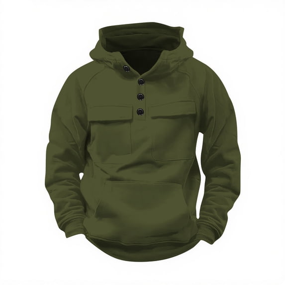 fatyb Men's Hoodies with Pockets Button Cargo Hooded Sweatshirts Long Sleeve Casual Pullover for Men