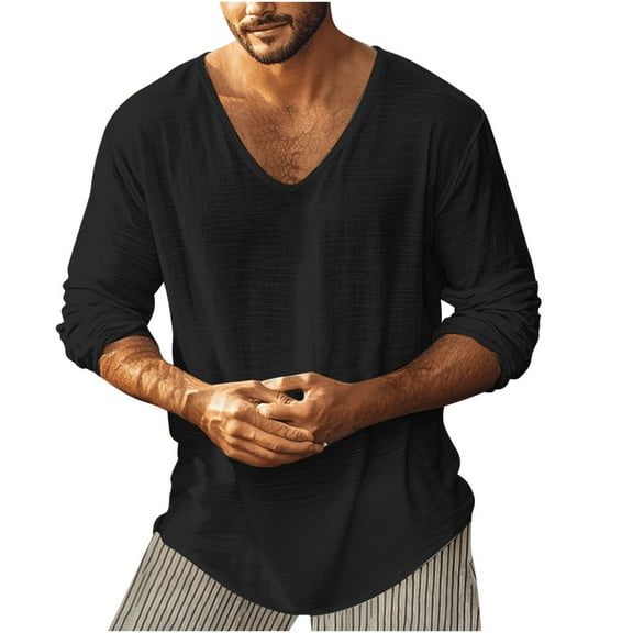 fatyb Men's Long Sleeve V Neck Shirts Summer Lightweight T-Shirts Thin Plain Casual Loose Tee Blouses