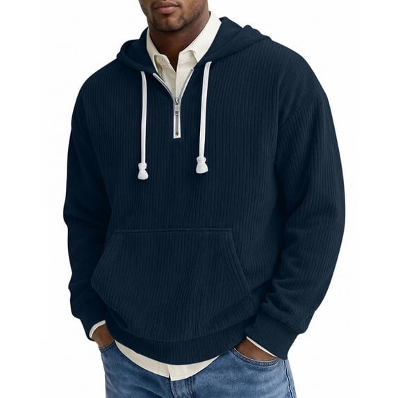 fatyb Men's Quarter Zip Corduroy Hoodies Long Sleeve Casual Drawstring Hooded Pullover Tops with Pocket