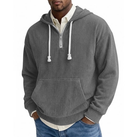fatyb Men's Quarter Zip Corduroy Hoodies Long Sleeve Casual Drawstring Hooded Pullover Tops with Pocket