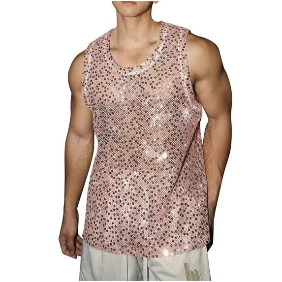 fatyb Men's Sequin Tank Tops Sparkly Sleeveless Stylish Shirts Glitter See Through Party Tops Clubwear