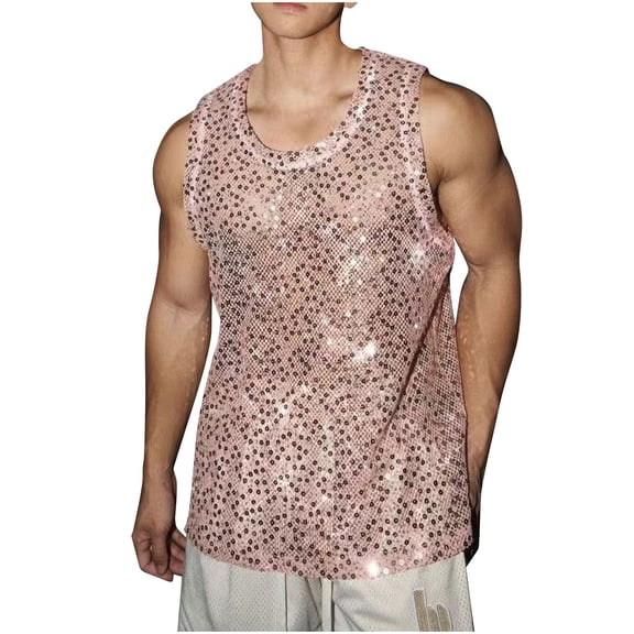 fatyb Men's Sequin Tank Tops Sparkly Sleeveless Stylish Shirts Glitter See Through Party Tops Clubwear