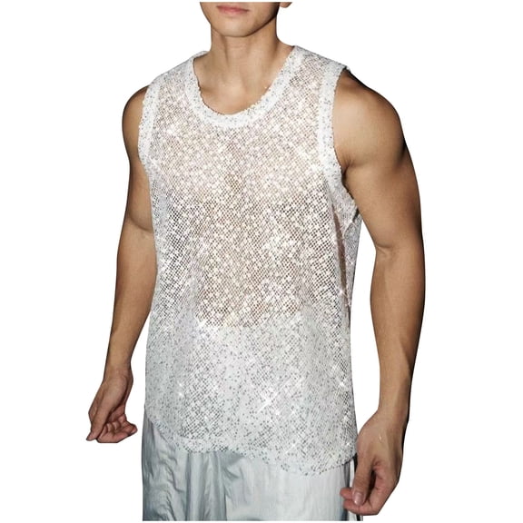 fatyb Men's Sequin Tank Tops Sparkly Sleeveless Stylish Shirts Glitter See Through Party Tops Clubwear