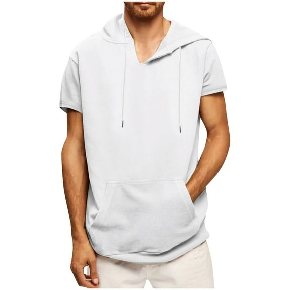 fatyb Men's Short Sleeve Hoodies with Pocket V Neck Hooded T-Shirts Drawstring Casual Summer Pullover