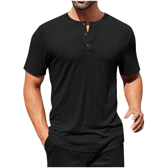 fatyb Men's Short Sleeve Ribbed T-Shirts Button Round Neck Muscle Shirts Summer Casual Basic Tee Tops
