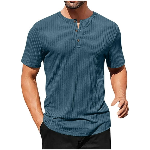 fatyb Men's Short Sleeve Ribbed T-Shirts Button Round Neck Muscle Shirts Summer Casual Basic Tee Tops