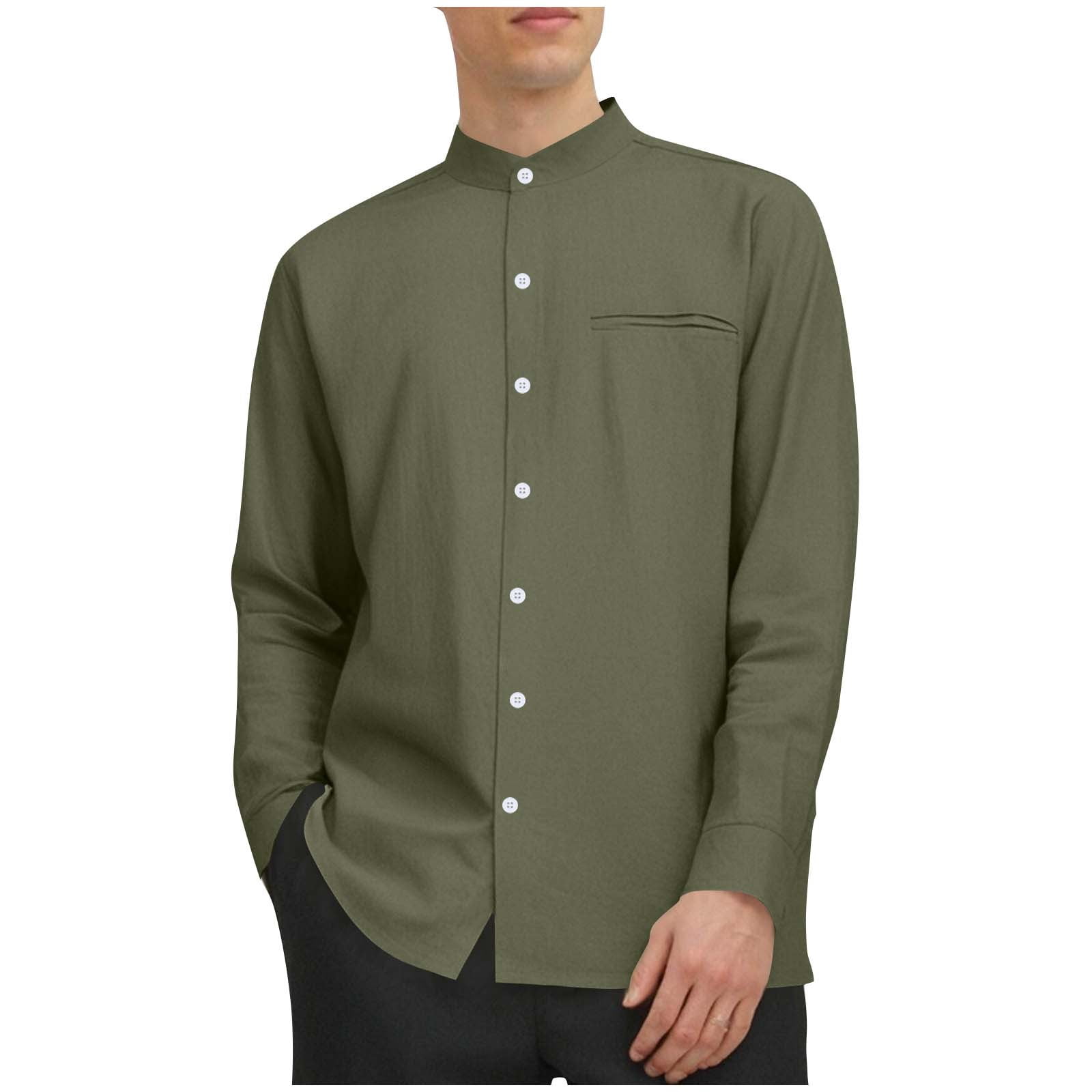 Men’s Small Stand Collar Casual Shirt – Long Sleeve, Loose Fit, Solid Color