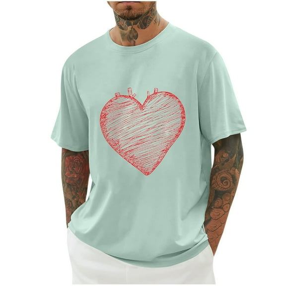 fatyb Men's Summer T-Shirts Heart Printed Oversized Graphic Tees Short Sleeve Crewneck Casual Loose Tops