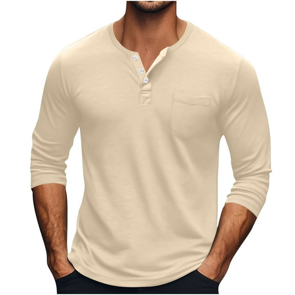 fatyb Men's Tops Long Sleeve Button Causal Shirts Solid Color Pullover Mens Lightweight Comfy T-Shirts