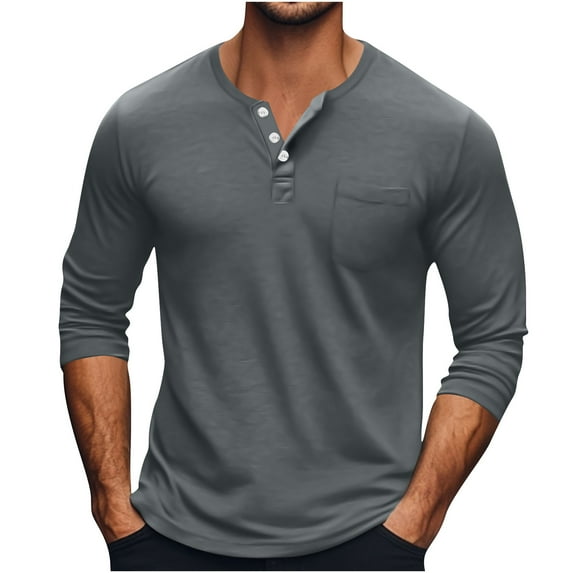 fatyb Men's Tops Long Sleeve Button Causal Shirts Solid Color Pullover Mens Lightweight Comfy T-Shirts