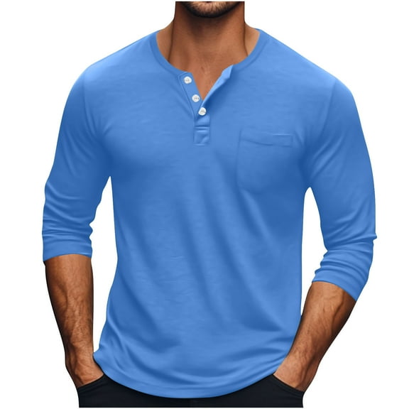 fatyb Men's Tops Long Sleeve Button Causal Shirts Solid Color Pullover Mens Lightweight Comfy T-Shirts
