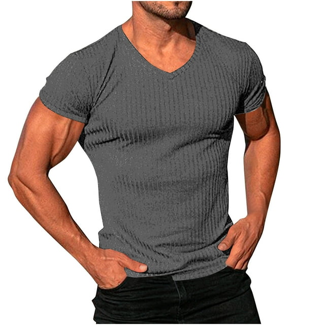 fatyb Men's V Neck Muscle T Shirts Casual Short Sleeve Ribbed Tees Stretch Bodybuilding Workout Tops