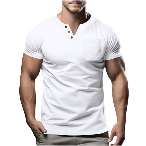 fatyb Men's V Neck Short Sleeve Casual Shirts with Pocket Lightweight Summer Button T Shirts for Men